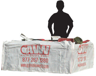 Figure of a person standing next to a Handy Bag for size comparison